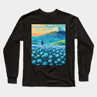 Journey To Mount Fuji - Samurai and Blue Long Sleeve T-Shirt